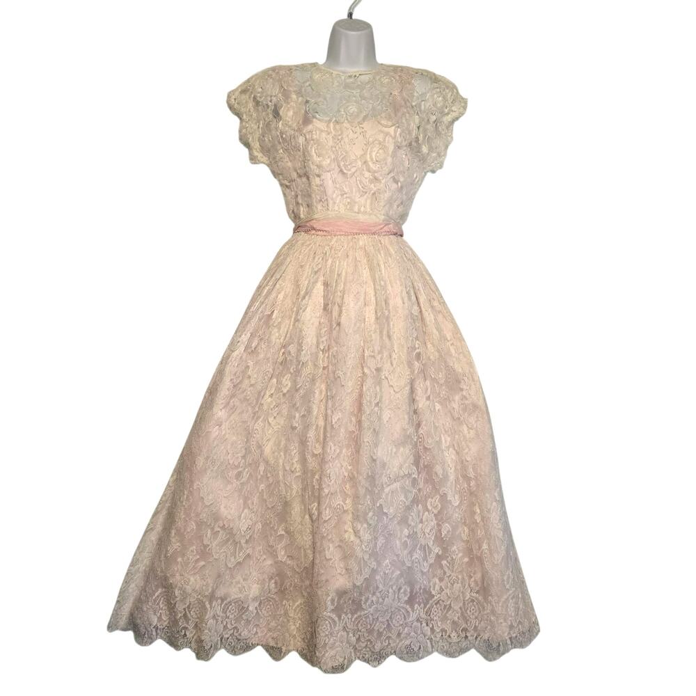 Vintage Annemarie Gardin Midi Soft White Lace Dress Pink Slip Tulle Under Skirt